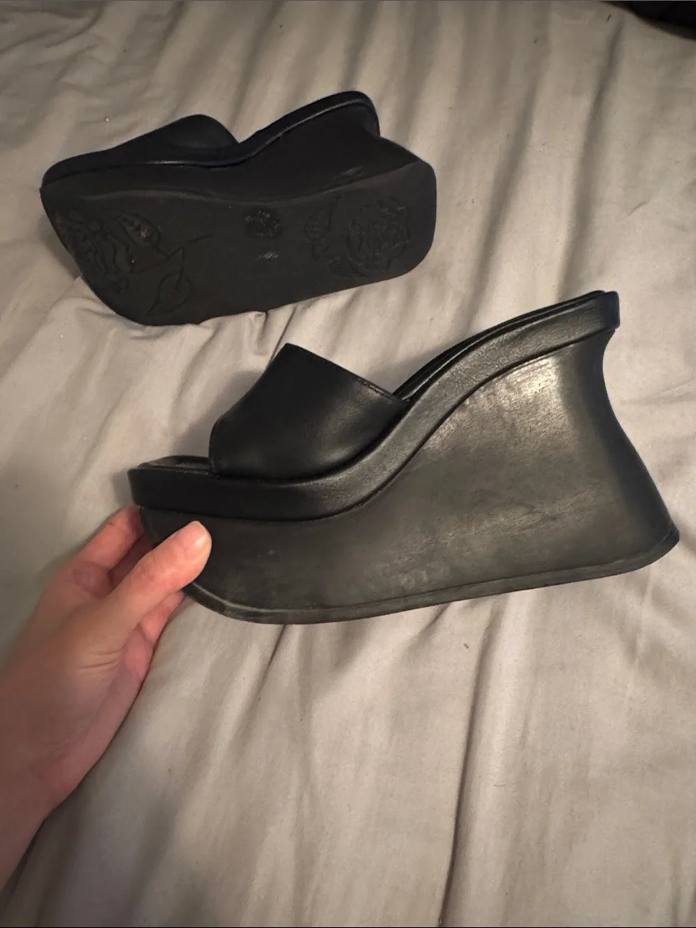 Demonia Black Platform Slide Wedges with Red Logo
